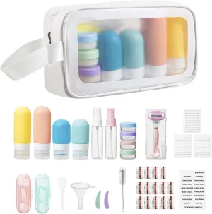 82PCS Travel Size Toiletries Include 16 TSA Approved Travel Bottles Set, Razor, 30 Cotton Swabs, 20 Dental Floss Picks & 14 Compressed Towels Travel Vacation Essentials for Airplane Men Women