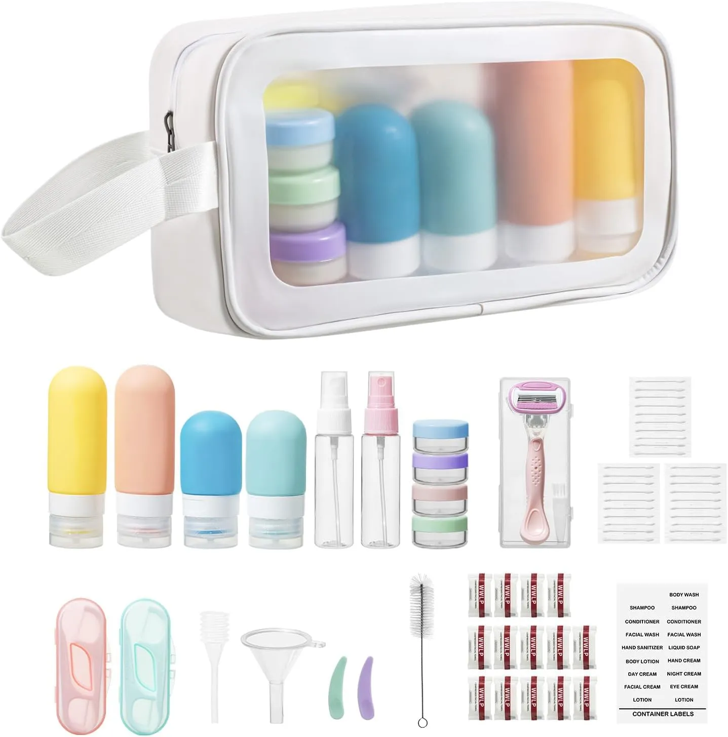 82PCS Travel Size Toiletries Include 16 TSA Approved Travel Bottles Set, Razor, 30 Cotton Swabs, 20 Dental Floss Picks & 14 Compressed Towels Travel Vacation Essentials for Airplane Men Women