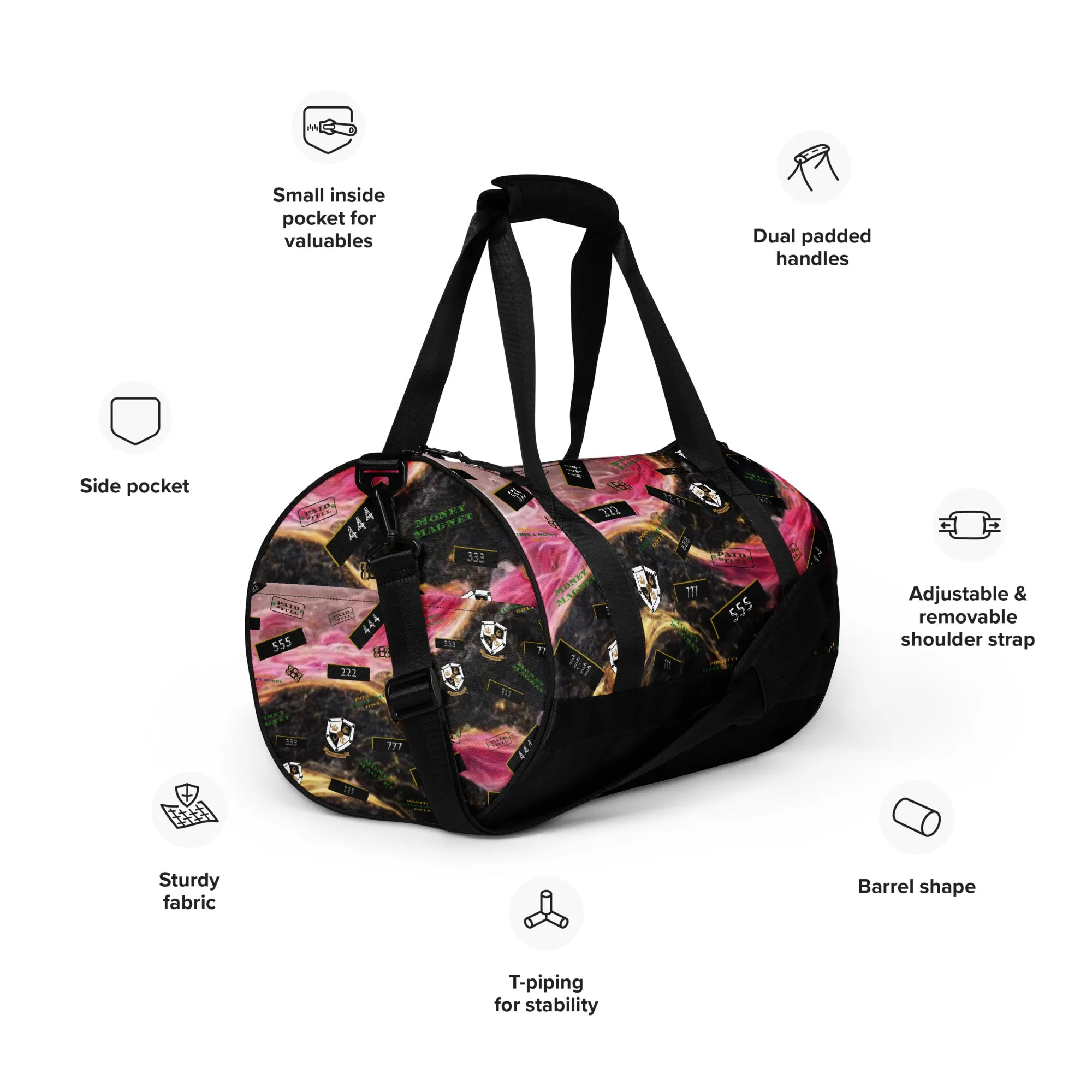 8xquiZit Collection T8T Pynk, Black, N Gold Marble Manifestation Gym Bag