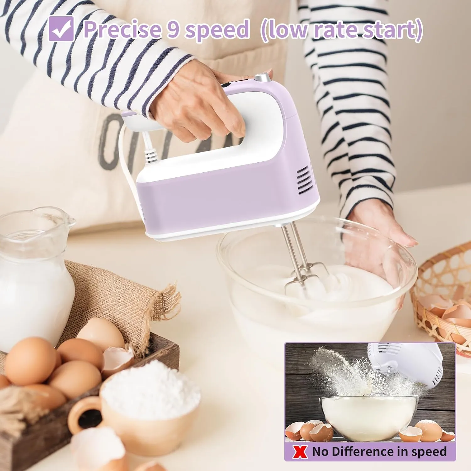 9-Speed Digital Hand Mixer Electric, 400W DC Motor, Hand Mixer electric Handheld with Snap-On Storage Case, Touch Button, Turbo Boost, 5x Stainless Steel Accessories (Lilac Purple)