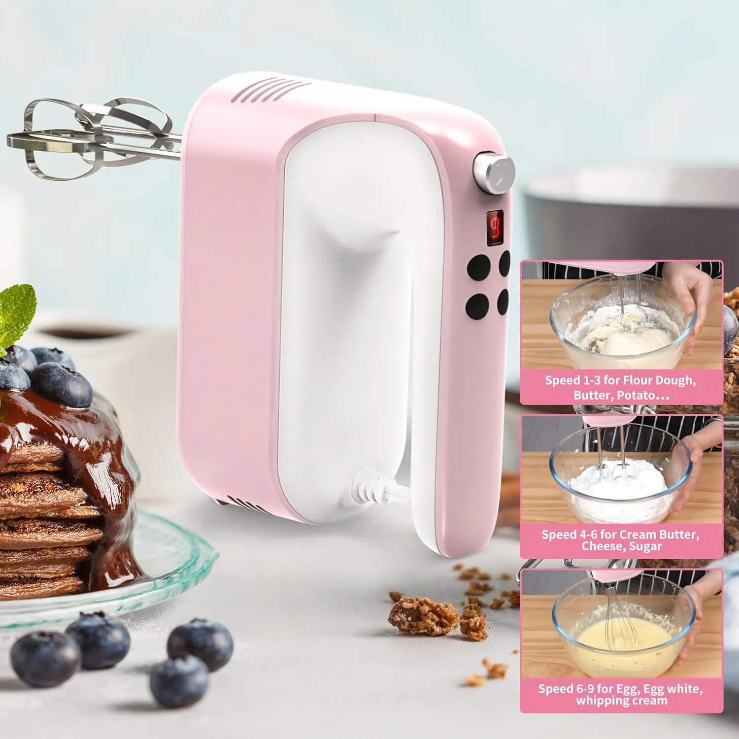 9-Speed Digital Hand Mixer Electric, 400W DC Motor, Hand Mixer electric Handheld with Snap-On Storage Case, Touch Button, Turbo Boost, 5x Stainless Steel Accessories (Pink)