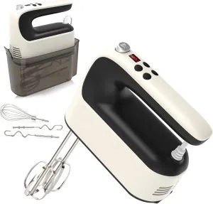 9-Speed Digital Hand Mixer Electric, 400W Powerful DC Motor, Baking Mixer Handheld with Snap-On Storage Case, 5 Stainless Steel Accessories, Flat Beaters, Dough Hooks, Whisk (Creamy&Black)