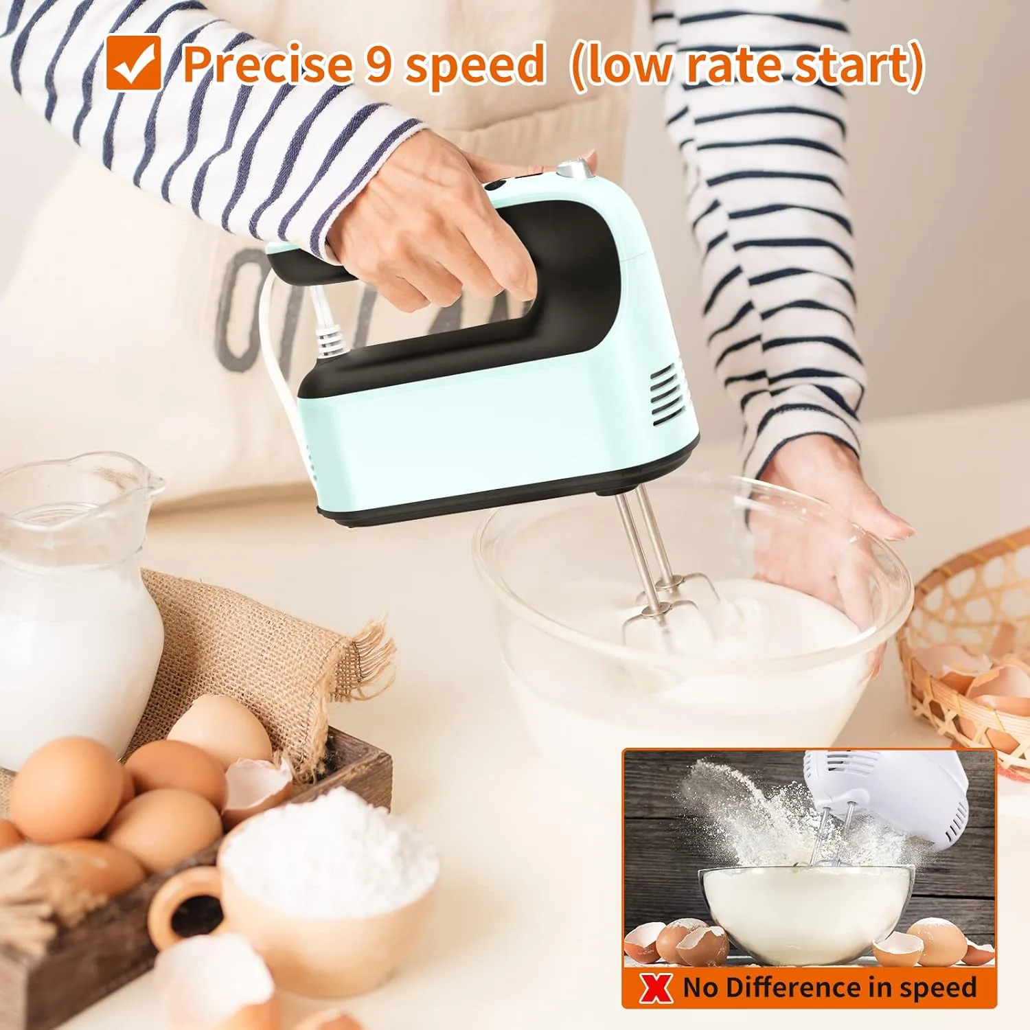 9-Speed Digital Hand Mixer Electric, 400W Powerful DC Motor, Baking Mixer Handheld with Snap-On Storage Case, Touch Button, Turbo Boost, Dough Hooks, Whisk (Ice Blue)