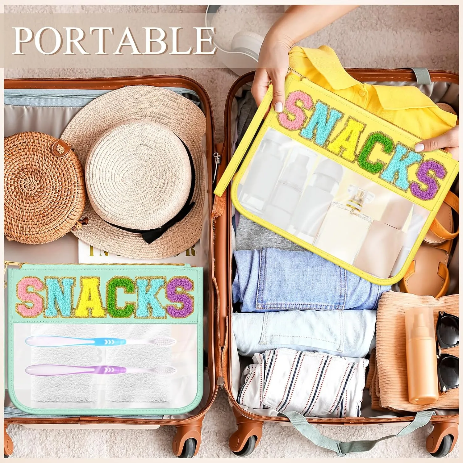 Abbylike 12 Pcs Snack Bags Clear Chenille Letter Snacks Zipper Pouch Waterproof PVC Large Travel Makeup Cosmetic Storage Organizer Bag for Mom Team Cheerleaders Teacher (Multicolor)