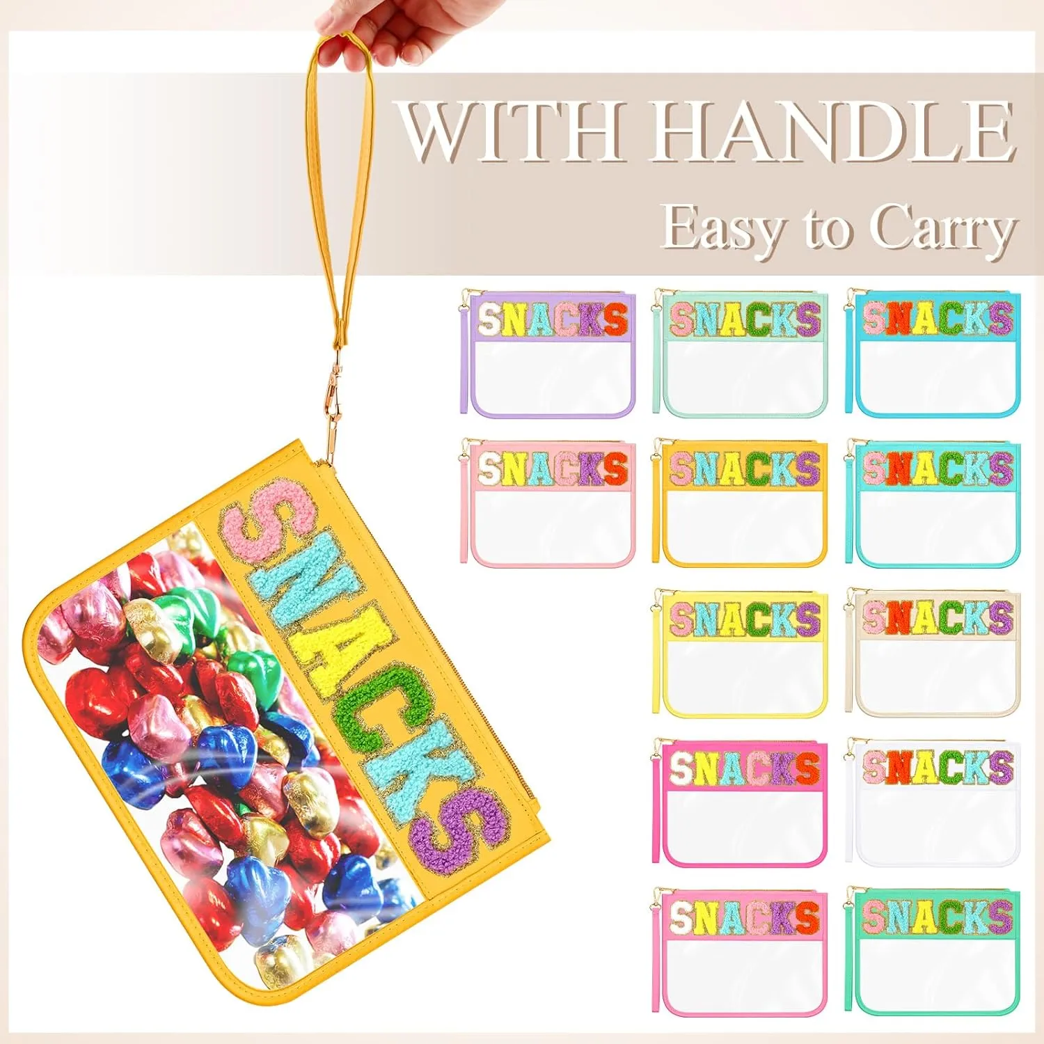 Abbylike 12 Pcs Snack Bags Clear Chenille Letter Snacks Zipper Pouch Waterproof PVC Large Travel Makeup Cosmetic Storage Organizer Bag for Mom Team Cheerleaders Teacher (Multicolor)