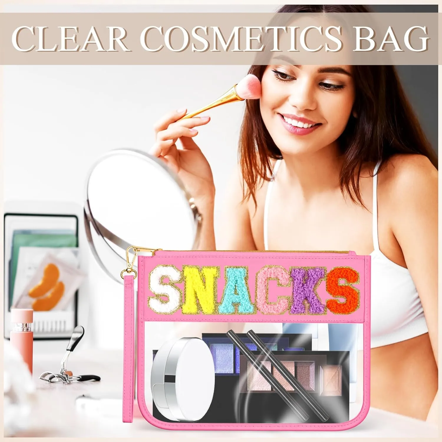 Abbylike 12 Pcs Snack Bags Clear Chenille Letter Snacks Zipper Pouch Waterproof PVC Large Travel Makeup Cosmetic Storage Organizer Bag for Mom Team Cheerleaders Teacher (Multicolor)