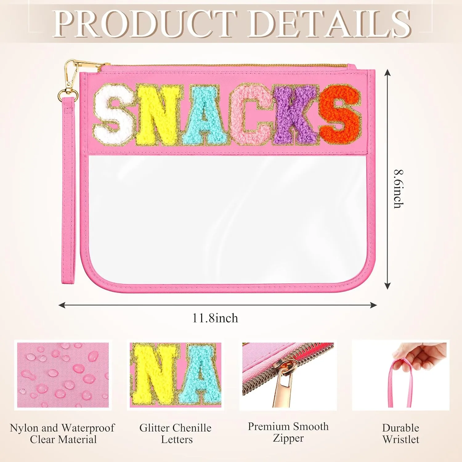 Abbylike 12 Pcs Snack Bags Clear Chenille Letter Snacks Zipper Pouch Waterproof PVC Large Travel Makeup Cosmetic Storage Organizer Bag for Mom Team Cheerleaders Teacher (Multicolor)