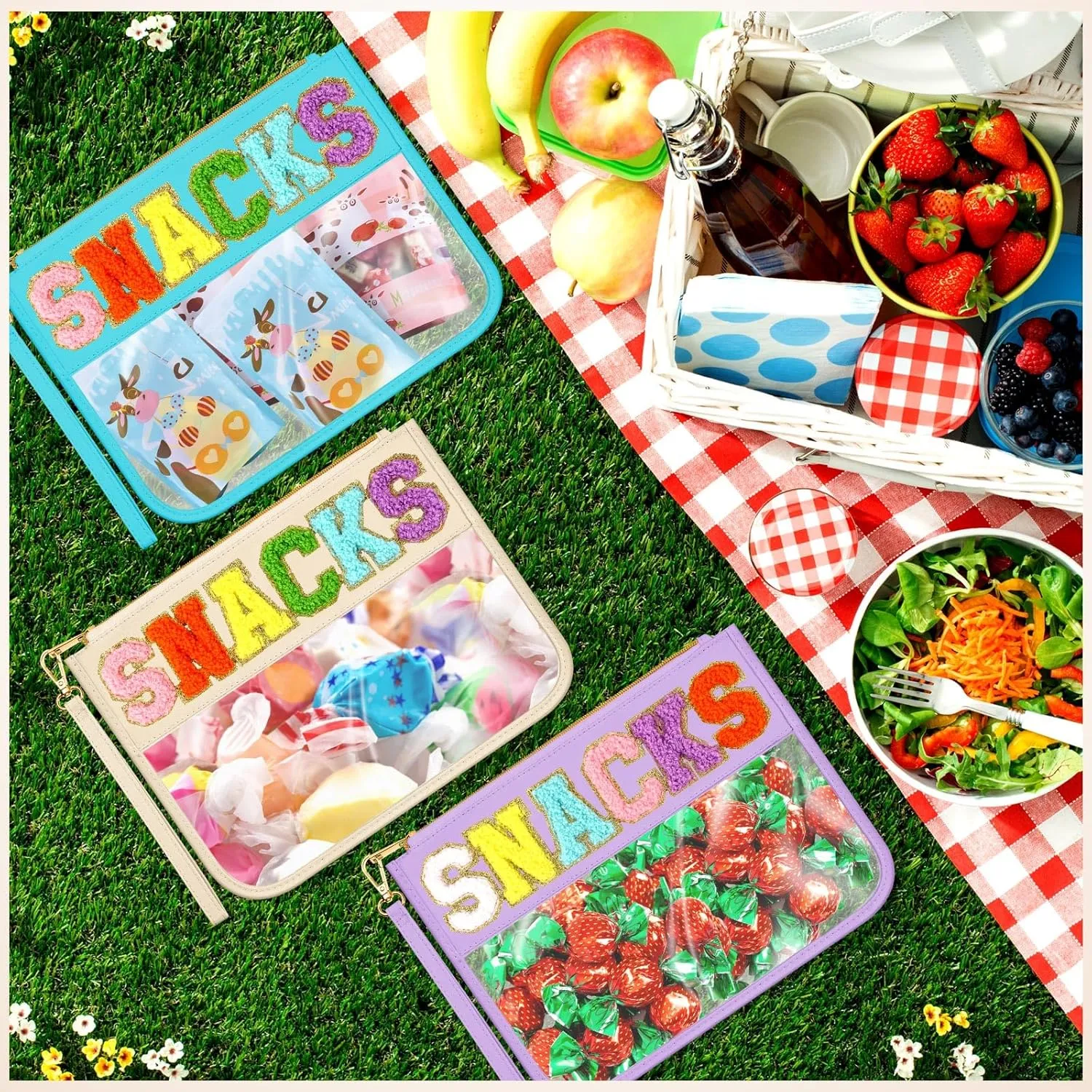 Abbylike 12 Pcs Snack Bags Clear Chenille Letter Snacks Zipper Pouch Waterproof PVC Large Travel Makeup Cosmetic Storage Organizer Bag for Mom Team Cheerleaders Teacher (Multicolor)