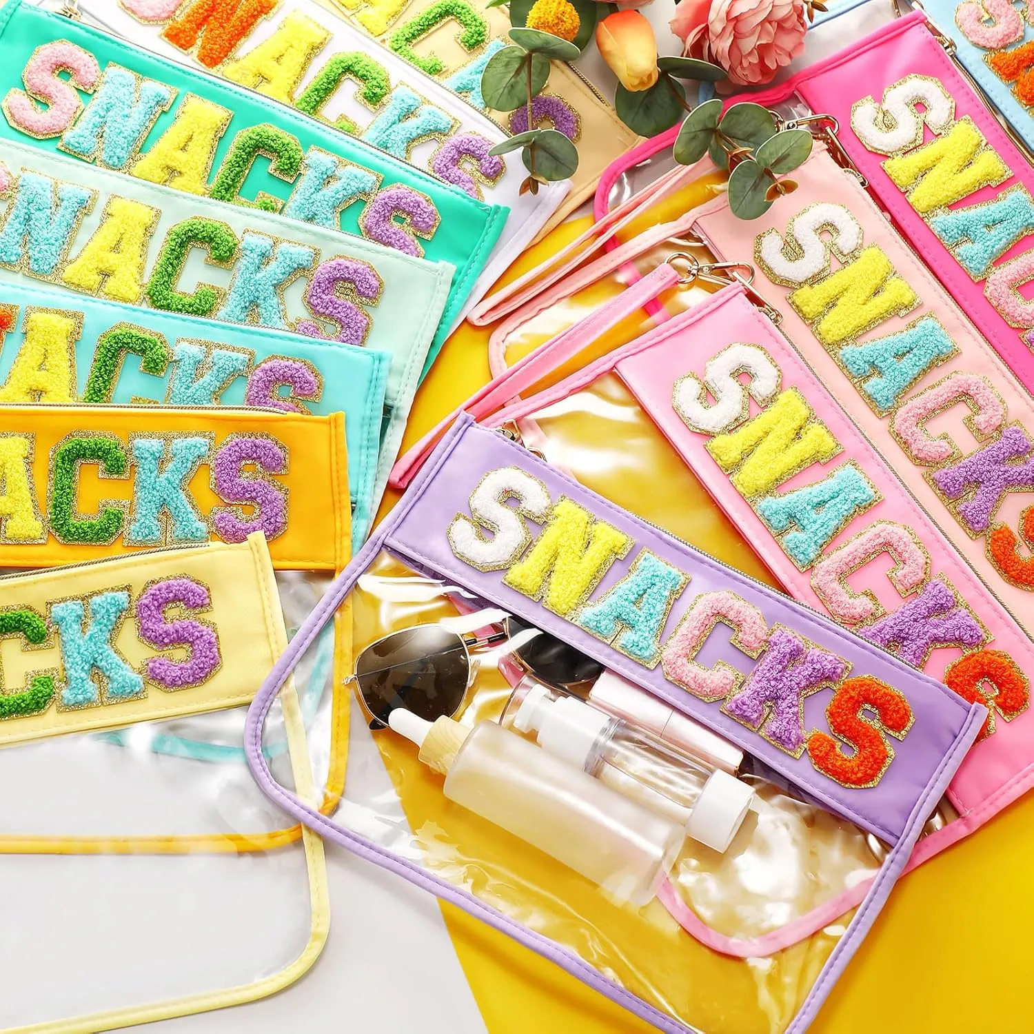 Abbylike 12 Pcs Snack Bags Clear Chenille Letter Snacks Zipper Pouch Waterproof PVC Large Travel Makeup Cosmetic Storage Organizer Bag for Mom Team Cheerleaders Teacher (Multicolor)