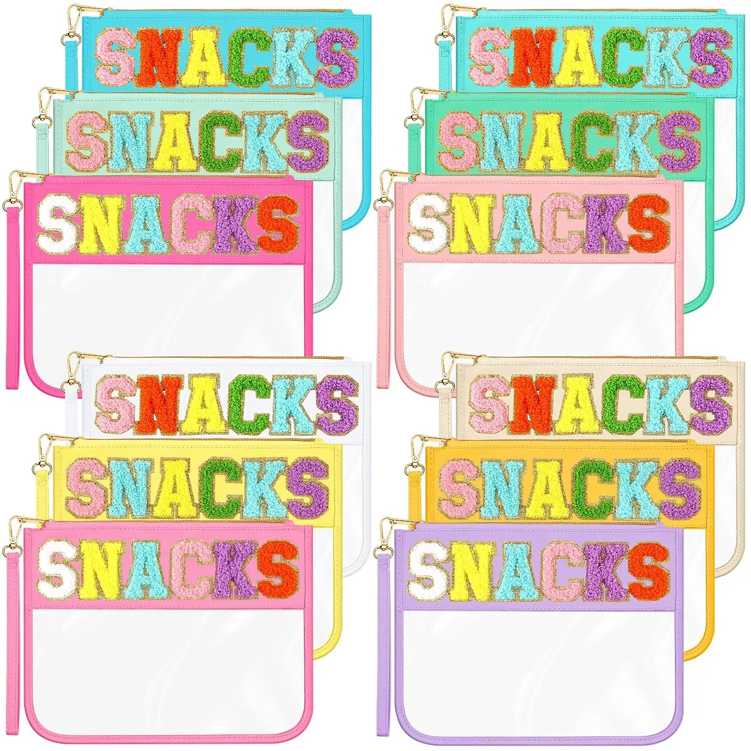 Abbylike 12 Pcs Snack Bags Clear Chenille Letter Snacks Zipper Pouch Waterproof PVC Large Travel Makeup Cosmetic Storage Organizer Bag for Mom Team Cheerleaders Teacher (Multicolor)