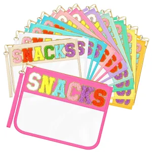 Abbylike 12 Pcs Snack Bags Clear Chenille Letter Snacks Zipper Pouch Waterproof PVC Large Travel Makeup Cosmetic Storage Organizer Bag for Mom Team Cheerleaders Teacher (Multicolor)