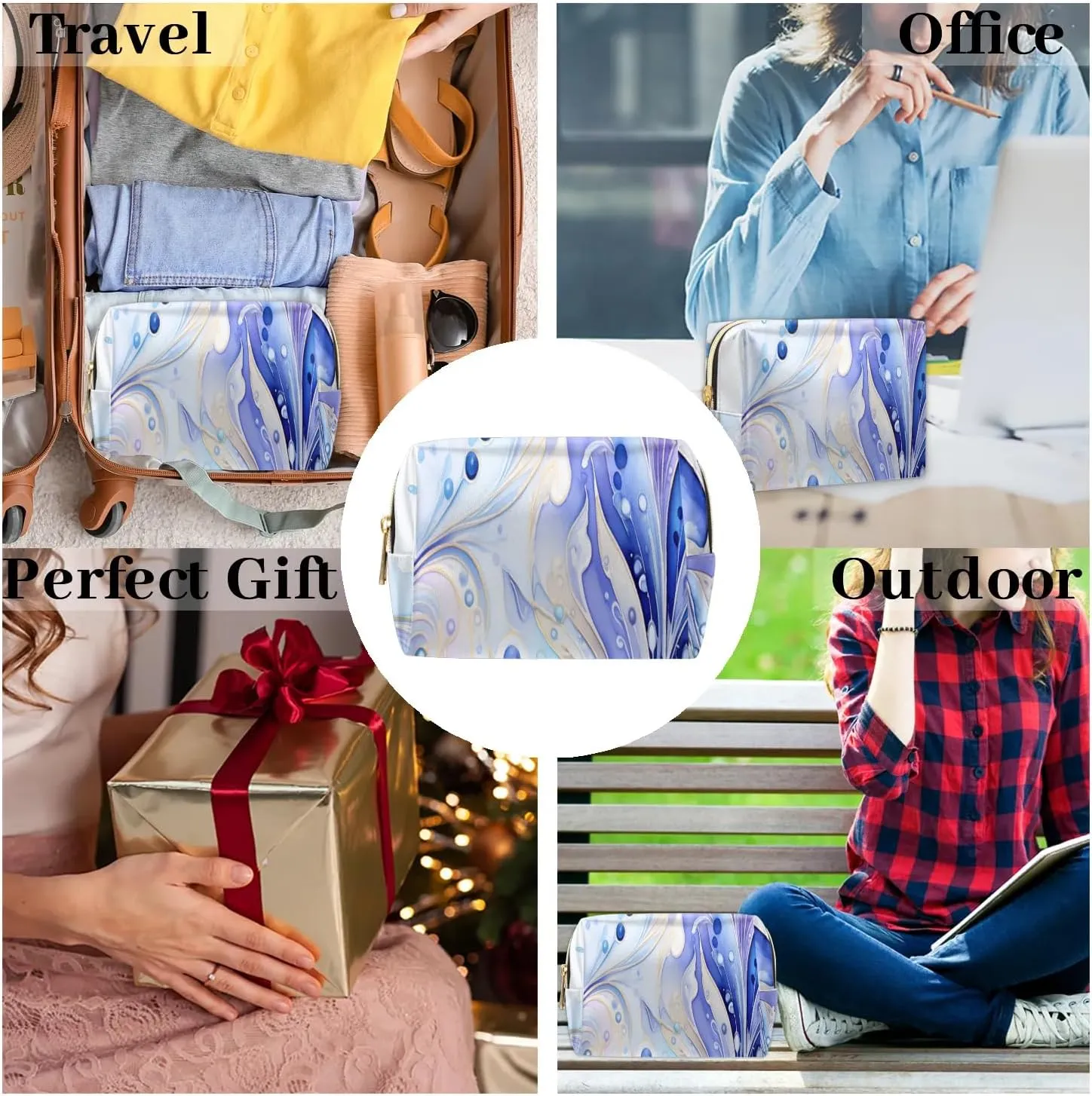 Abstract Beauty Boho Printing Travel Makeup Bag for Women, PU Leather Waterproof Checkered Cosmetic Bags Large Make up Bag Zipper Pouch