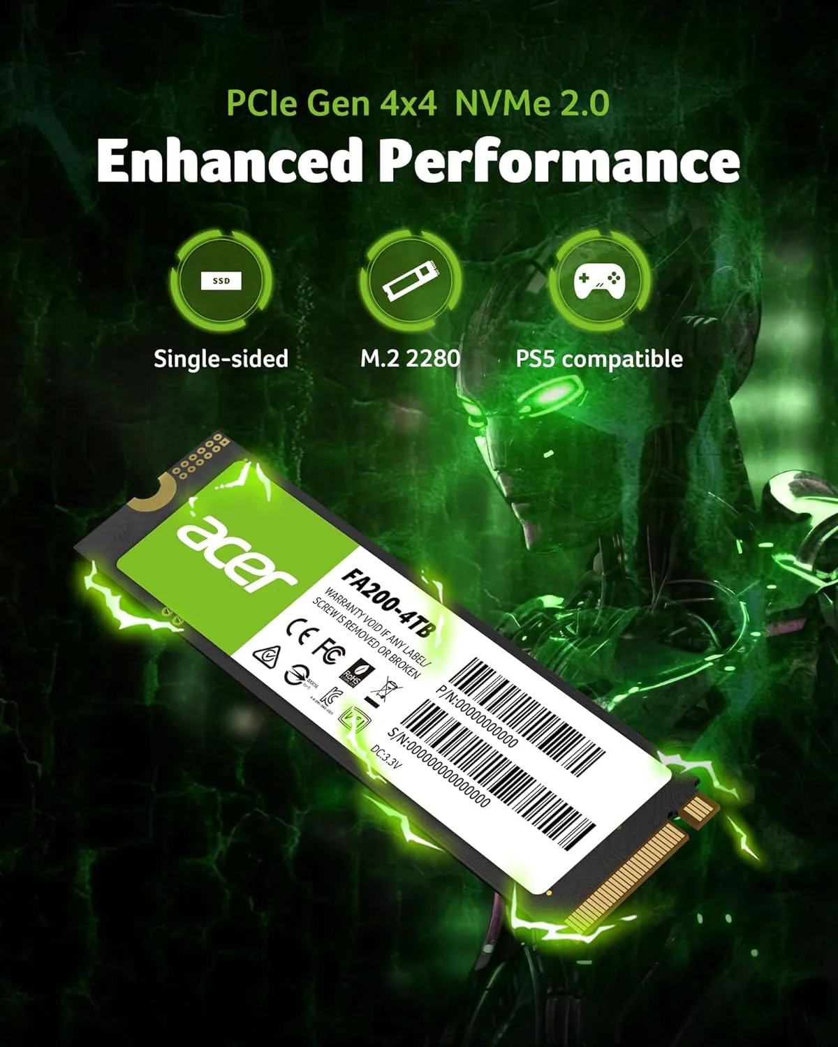 acer FA200 NVMe Gen4 SSD 4TB, PCIe 4.0, M.2 2280, Read Speeds Up to 7200MB/s, Internal Solid State Drive for Laptop, Desktop PC and PS5 Upgrade - BL.9BWWA.150