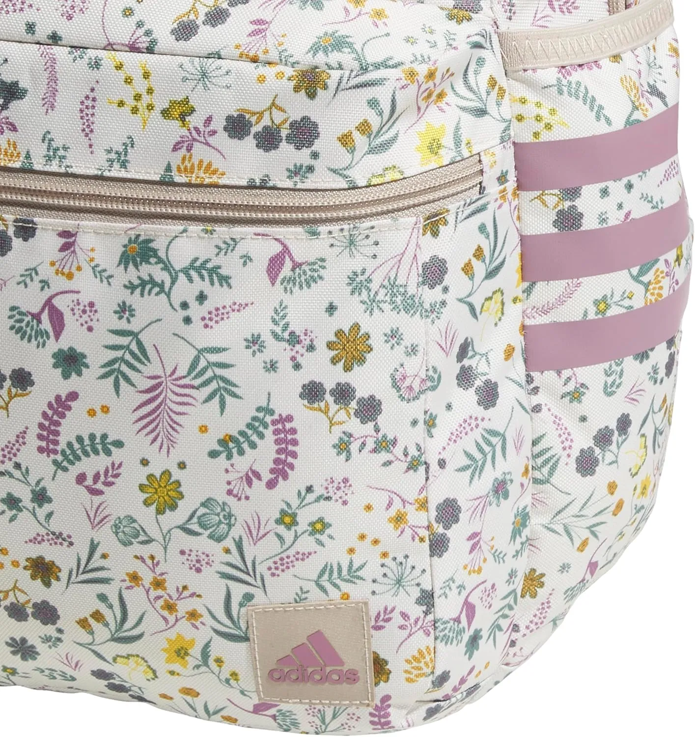 adidas 3-Stripe Classic Backpack for Men and Women, Bag with Laptop Sleeve, Woodland Floral Chalk White/Wonder Orchid Purple/5.0, One Size