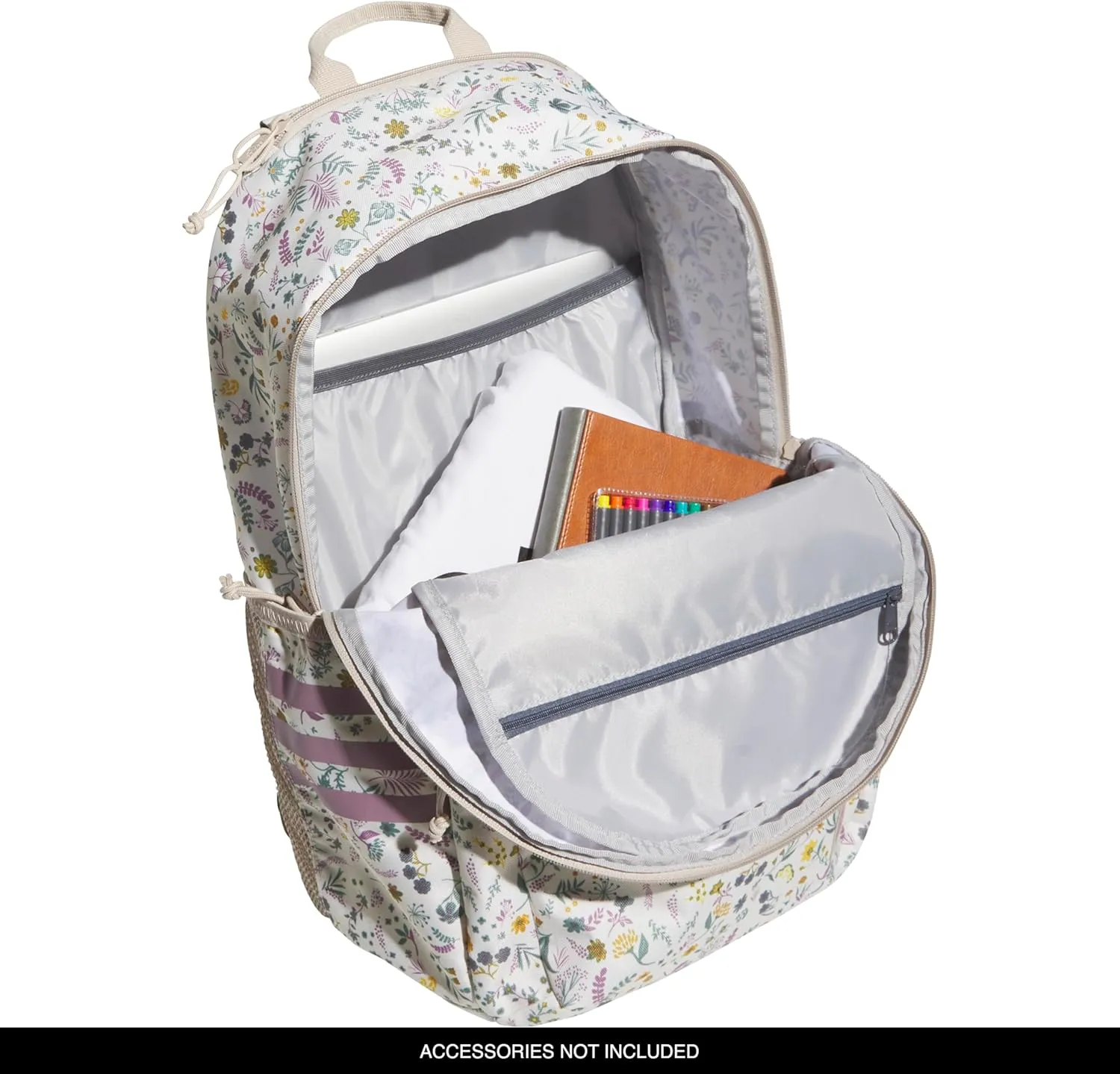 adidas 3-Stripe Classic Backpack for Men and Women, Bag with Laptop Sleeve, Woodland Floral Chalk White/Wonder Orchid Purple/5.0, One Size
