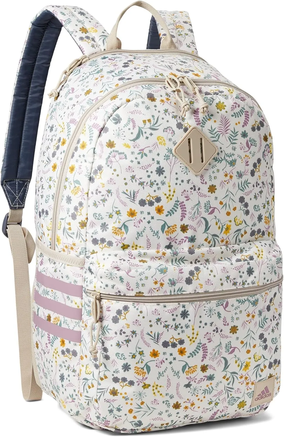 adidas 3-Stripe Classic Backpack for Men and Women, Bag with Laptop Sleeve, Woodland Floral Chalk White/Wonder Orchid Purple/5.0, One Size
