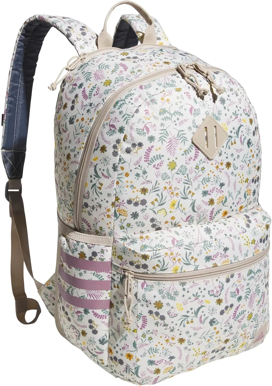 adidas 3-Stripe Classic Backpack for Men and Women, Bag with Laptop Sleeve, Woodland Floral Chalk White/Wonder Orchid Purple/5.0, One Size