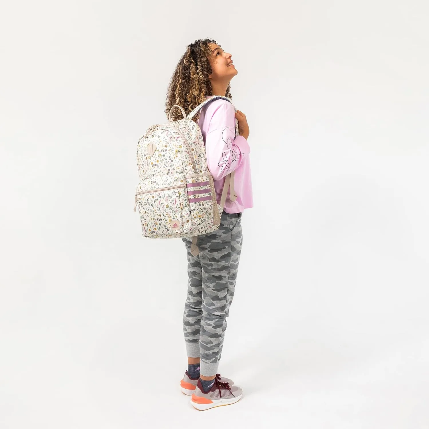 adidas 3-Stripe Classic Backpack for Men and Women, Bag with Laptop Sleeve, Woodland Floral Chalk White/Wonder Orchid Purple/5.0, One Size