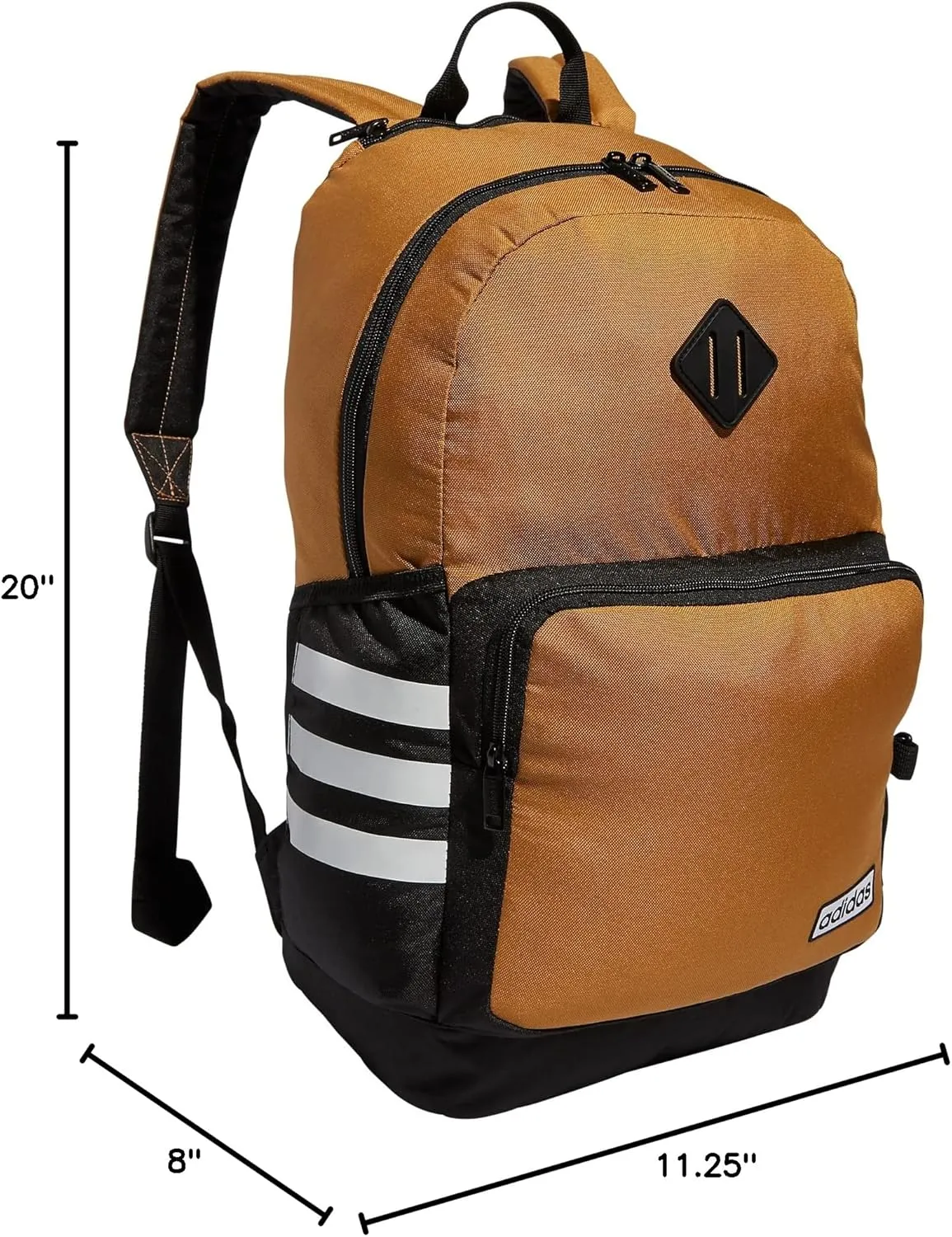 adidas Classic 3-Stripe Durable Backpack Student Athletic Sport Laptop Book Bag Discontinued, Mesa Brown/Black/White/4.0, One Size