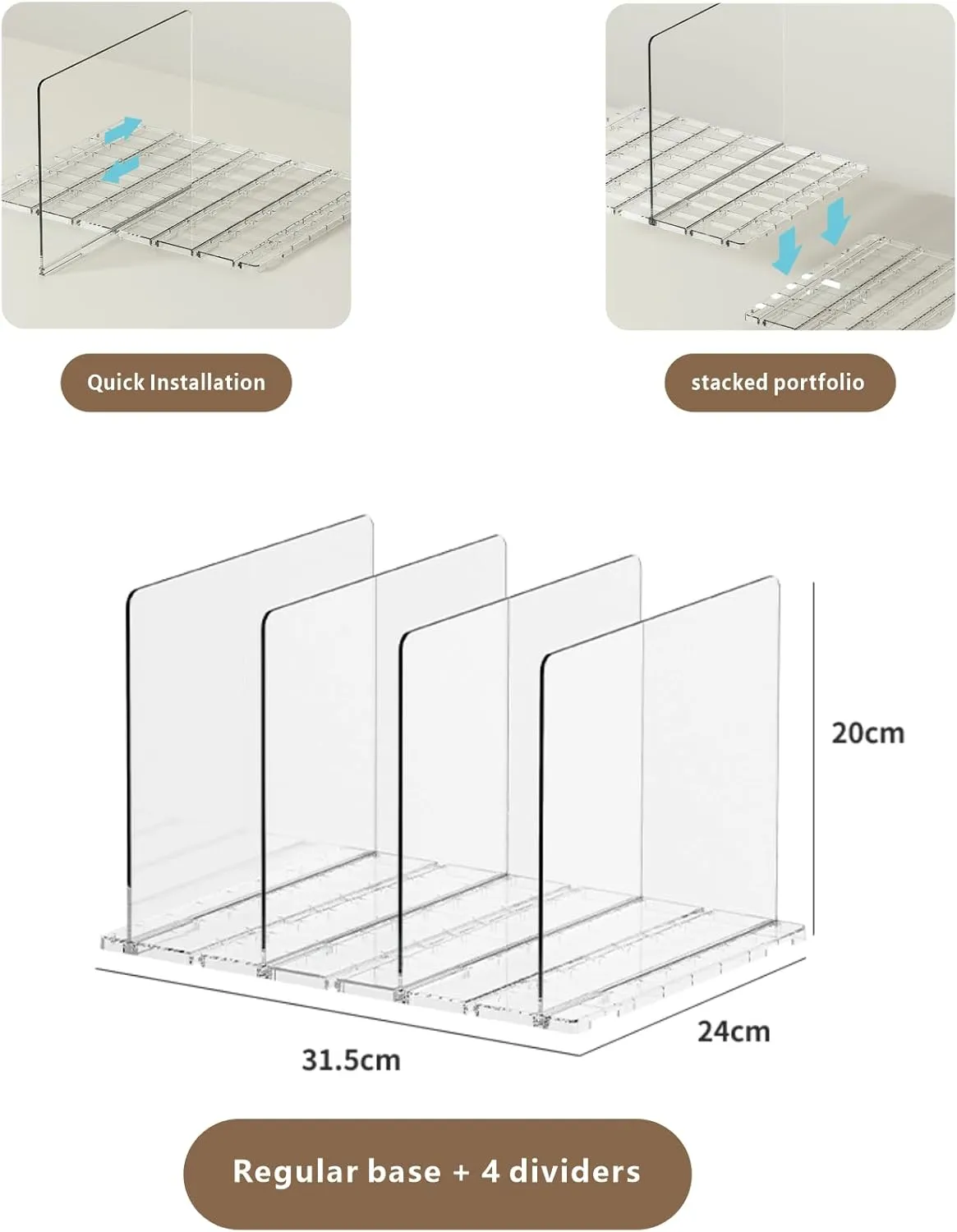 Adjustable Acrylic Purse Organizer for Closet - Handbag Storage Shelf with Dividers, Clear Multi-Use for Purses, Bags, Office/Kitchen for Women (Regular Base 4 partitions 2set, Rectangle)