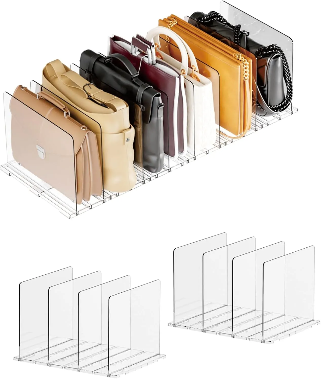 Adjustable Acrylic Purse Organizer for Closet - Handbag Storage Shelf with Dividers, Clear Multi-Use for Purses, Bags, Office/Kitchen for Women (Regular Base 4 partitions 2set, Rectangle)