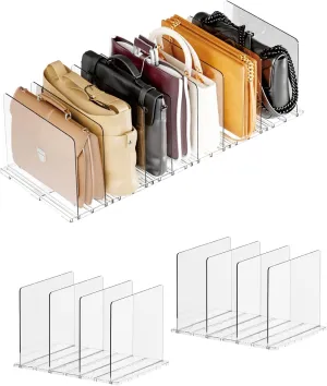 Adjustable Acrylic Purse Organizer for Closet - Handbag Storage Shelf with Dividers, Clear Multi-Use for Purses, Bags, Office/Kitchen for Women (Regular Base 4 partitions 2set, Rectangle)