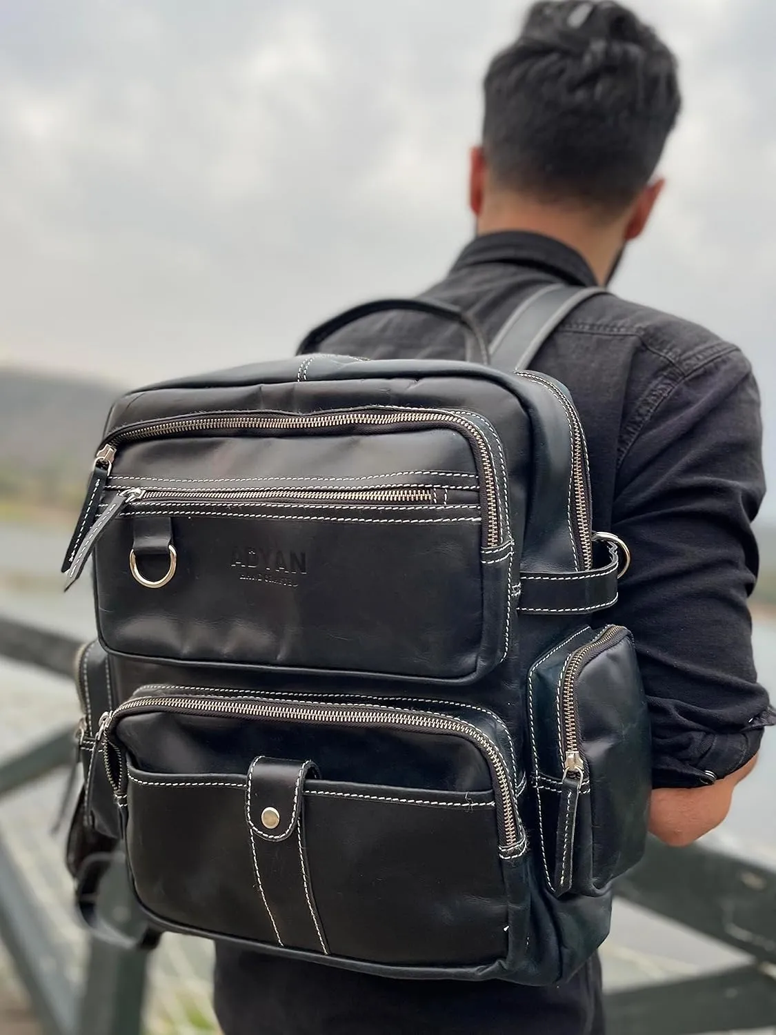 ADYAN Vintage Full Grain Leather 14-Inch Laptop Backpack for Men with Adjustable Shoulder Strap Metal Zip Closure Work Bag (Black)