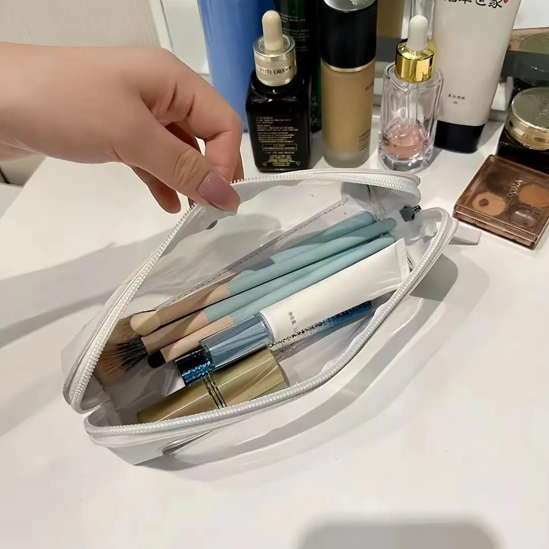 Aesthetic Clear Makeup Bags, Travel Cosmetic Zipper Pouch for Women, Transparent Makeup Organizer Storage Case for Make Up Brushes, Clear Travel Toiletry Bags for Girls in Portable Size (White)