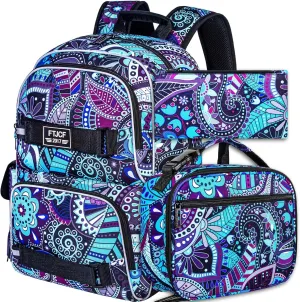 AGSDON Laptop Backpack, 17 Inch School Bag College Bookbag, Anti Theft Daypack Bags and Lunch Bag Set, Water Resistant Flowers Backpacks(Dk.purple