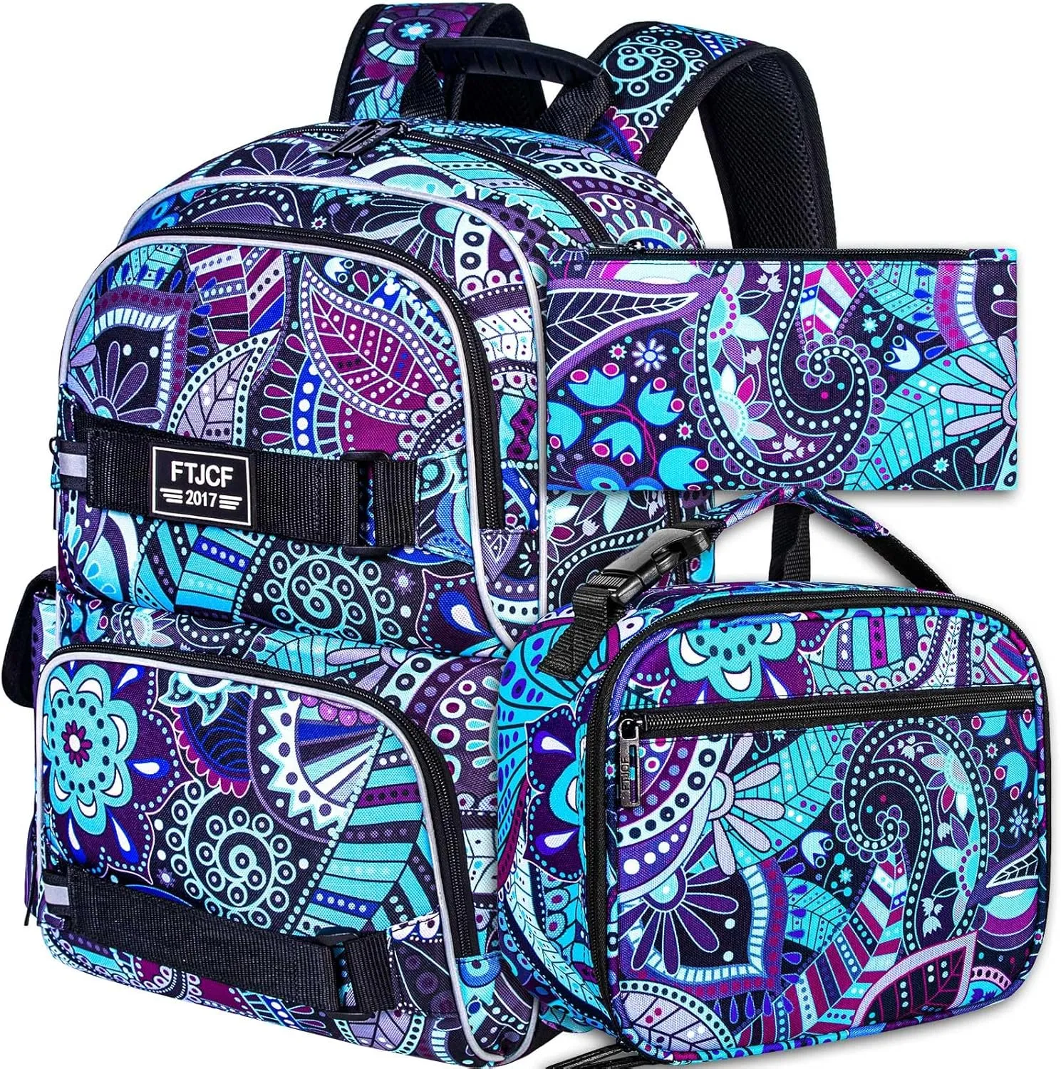AGSDON Laptop Backpack, 17 Inch School Bag College Bookbag, Anti Theft Daypack Bags and Lunch Bag Set, Water Resistant Flowers Backpacks(Dk.purple