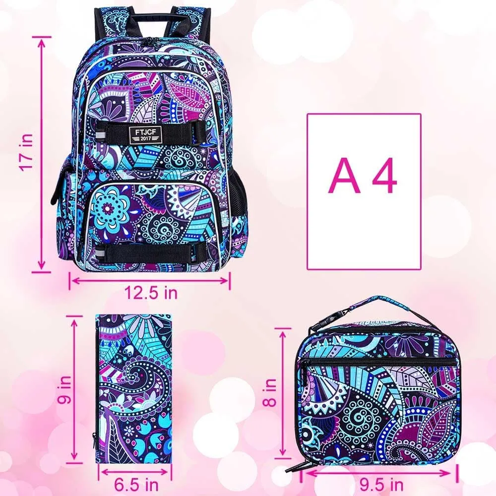 AGSDON Laptop Backpack, 17 Inch School Bag College Bookbag, Anti Theft Daypack Bags and Lunch Bag Set, Water Resistant Flowers Backpacks(Dk.purple