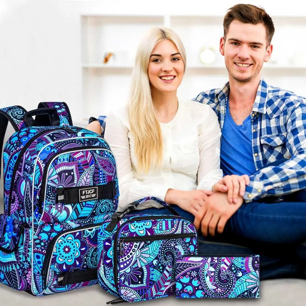 AGSDON Laptop Backpack, 17 Inch School Bag College Bookbag, Anti Theft Daypack Bags and Lunch Bag Set, Water Resistant Flowers Backpacks(Dk.purple