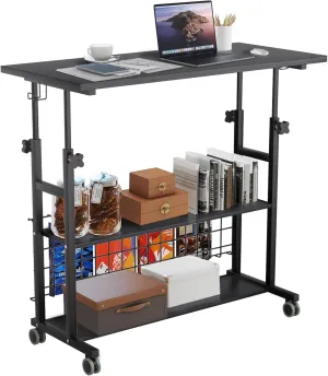 AIZ Home Office Standing Adjustable Small Laptop Desk with Storage for Small Spaces Mobile Rolling Computer Table on Wheels for Couch Bedrooms Portable Student Desk Black 31.5’’x15.7’’