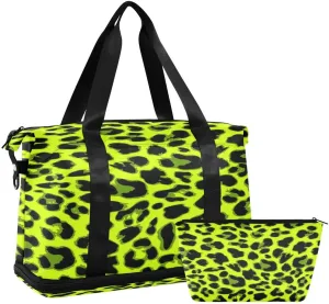ALAZA Black Green Leopard Print Travel Duffel Bag with Shoe Compartment Tote Bag Weekender Overnight Bag with Wet Pocket for Travel,Gym,Yoga,Swimming