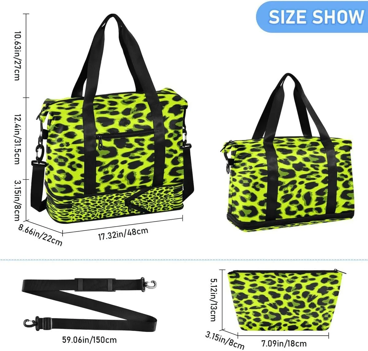 ALAZA Black Green Leopard Print Travel Duffel Bag with Shoe Compartment Tote Bag Weekender Overnight Bag with Wet Pocket for Travel,Gym,Yoga,Swimming