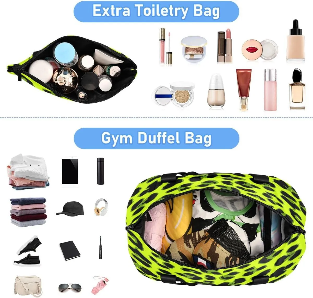 ALAZA Black Green Leopard Print Travel Duffel Bag with Shoe Compartment Tote Bag Weekender Overnight Bag with Wet Pocket for Travel,Gym,Yoga,Swimming