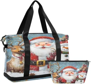 ALAZA Cartoon Santa Claus Snowman Reindeer Bell Christmas Duffel Bag with Shoe Compartment Tote Bag Weekender Overnight Bag with Wet Pocket for Travel,Gym,Yoga,Swimming