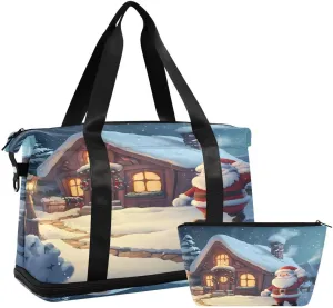 ALAZA Christmas Village House Santa Claus Snow Duffel Bag with Shoe Compartment Tote Bag Weekender Overnight Bag with Wet Pocket for Travel,Gym,Yoga,Swimming