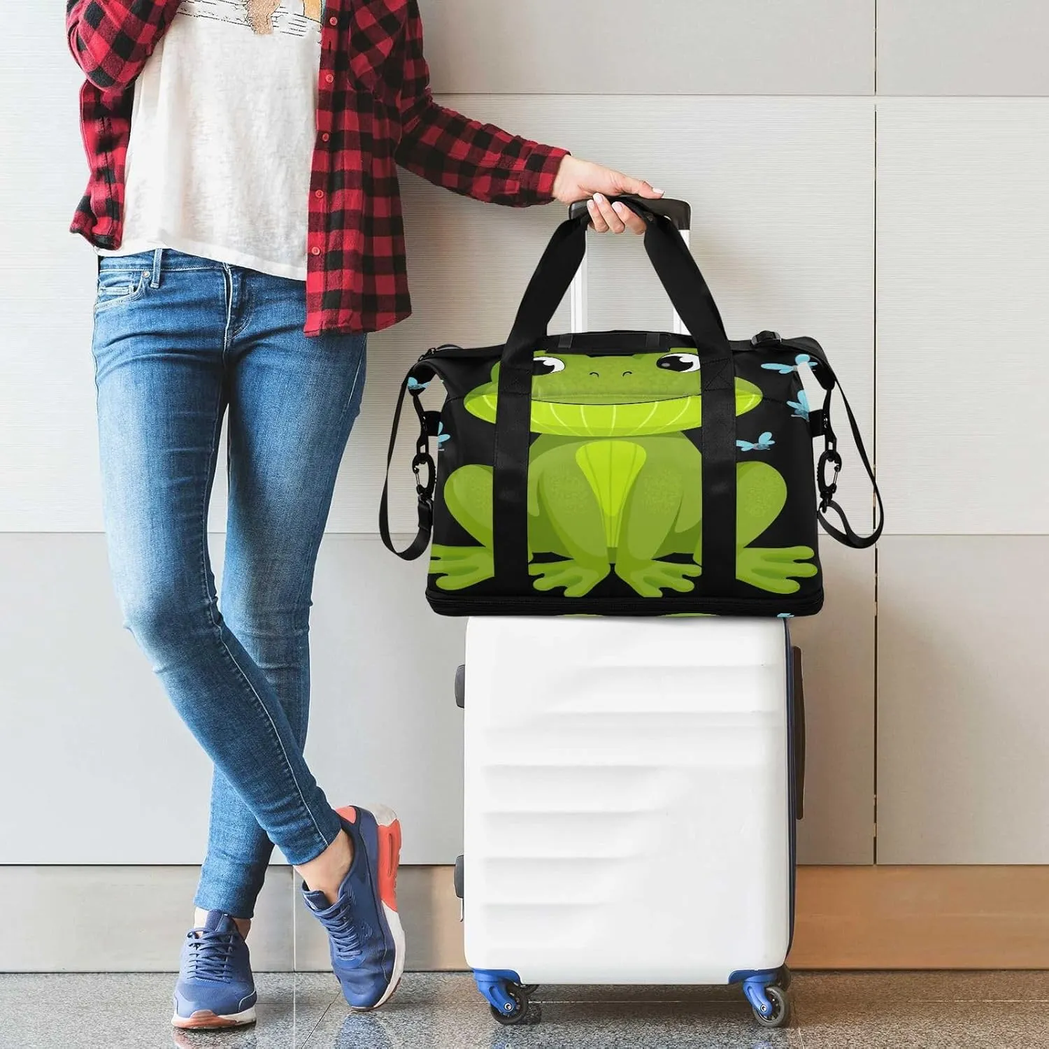 ALAZA Funny Frog Travel Duffel Bag for Women Men Sports Gym Bag with Shoe Compartment Tote Weekender Overnight Bags with Wet Pocket for Travel, Gym,Yoga,Swimming