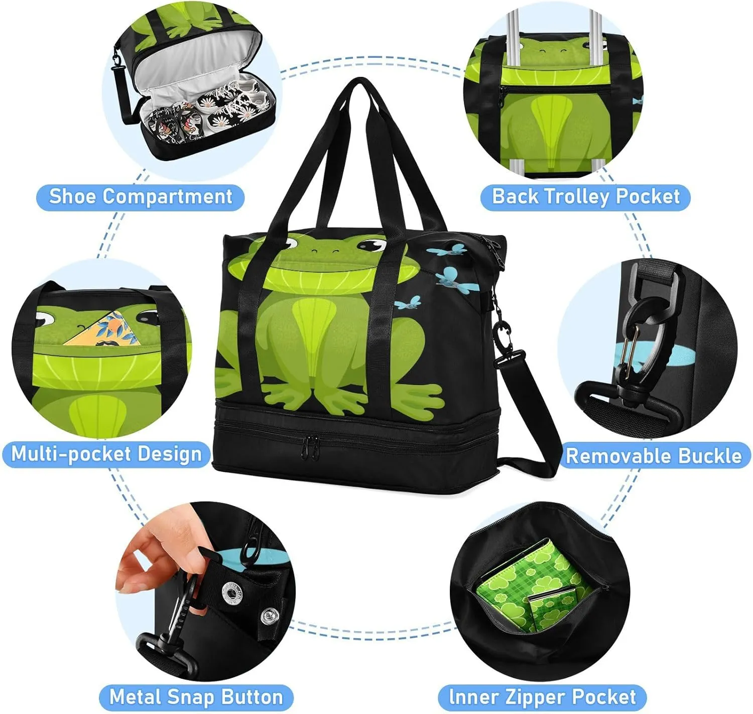 ALAZA Funny Frog Travel Duffel Bag for Women Men Sports Gym Bag with Shoe Compartment Tote Weekender Overnight Bags with Wet Pocket for Travel, Gym,Yoga,Swimming