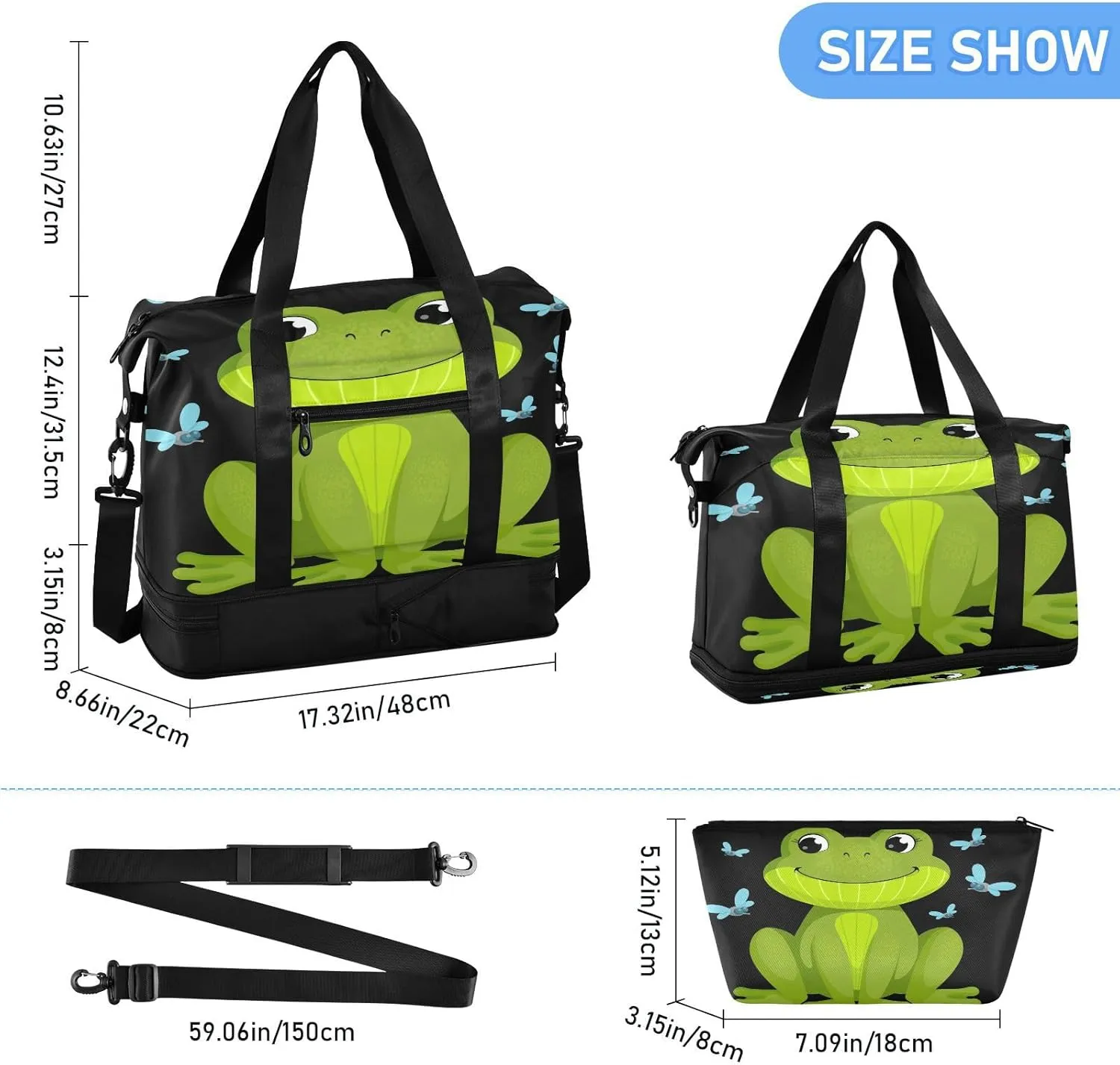 ALAZA Funny Frog Travel Duffel Bag for Women Men Sports Gym Bag with Shoe Compartment Tote Weekender Overnight Bags with Wet Pocket for Travel, Gym,Yoga,Swimming