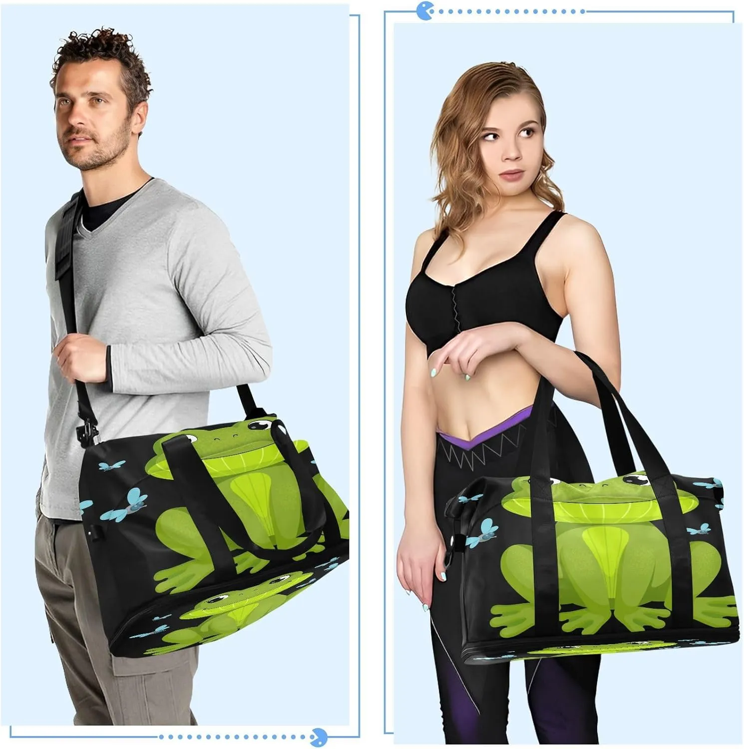ALAZA Funny Frog Travel Duffel Bag for Women Men Sports Gym Bag with Shoe Compartment Tote Weekender Overnight Bags with Wet Pocket for Travel, Gym,Yoga,Swimming