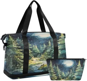 ALAZA Green Painting Moon Pine Tree Xmas Travel Duffel Bag with Shoe Compartment Tote Bag Weekender Overnight Bag with Wet Pocket for Travel,Gym,Yoga,Swimming