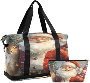 ALAZA Merry Christmas Santa Claus Deer Winter Landscape Duffel Bag with Shoe Compartment Tote Bag Weekender Overnight Bag with Wet Pocket for Travel,Gym,Yoga,Swimming