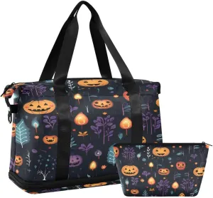 ALAZA Pine Tree Pumpkin Halloween Duffel Bag with Shoe Compartment Tote Bag Weekender Overnight Bag with Wet Pocket for Travel,Gym,Yoga,Swimming