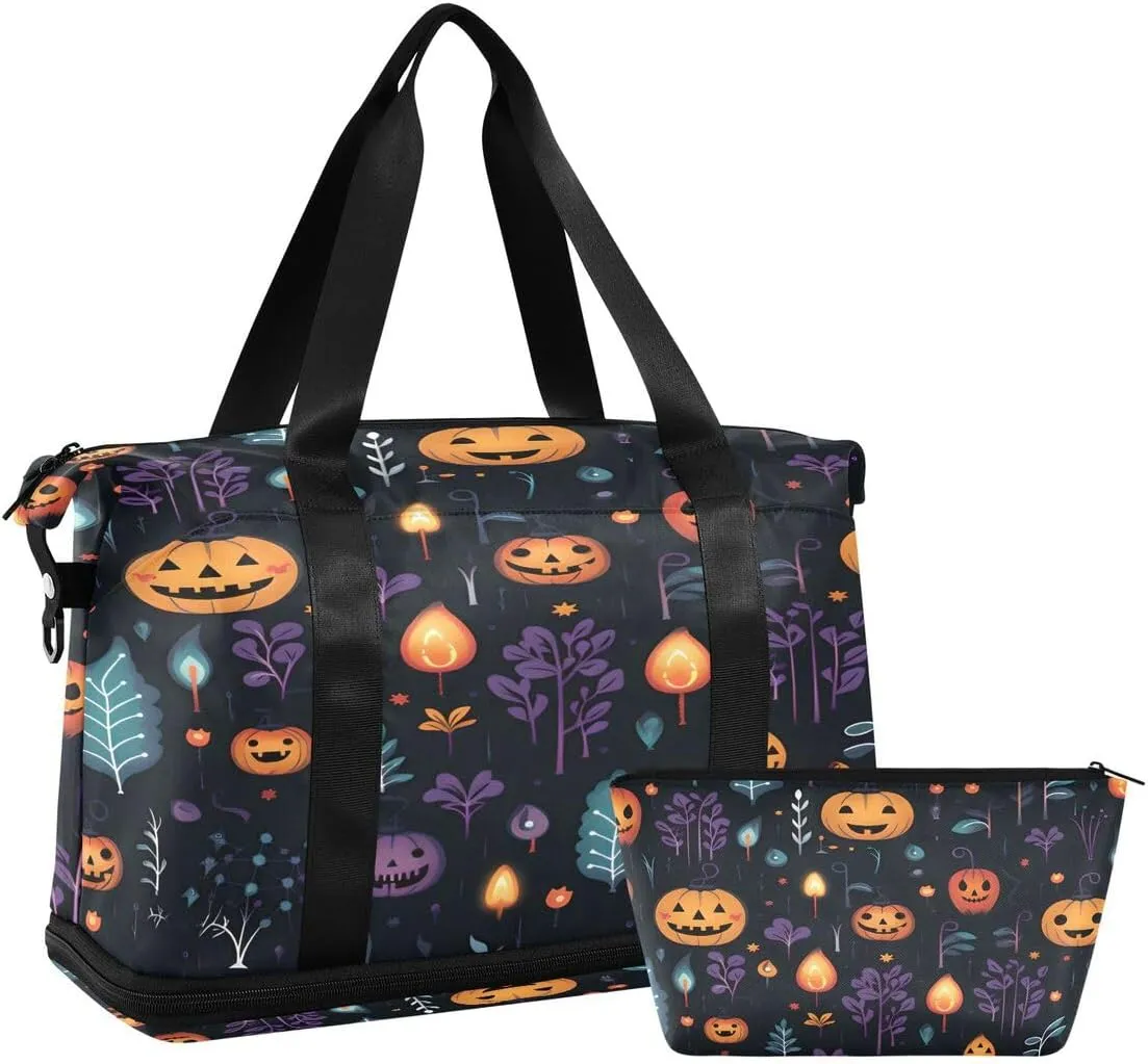 ALAZA Pine Tree Pumpkin Halloween Duffel Bag with Shoe Compartment Tote Bag Weekender Overnight Bag with Wet Pocket for Travel,Gym,Yoga,Swimming