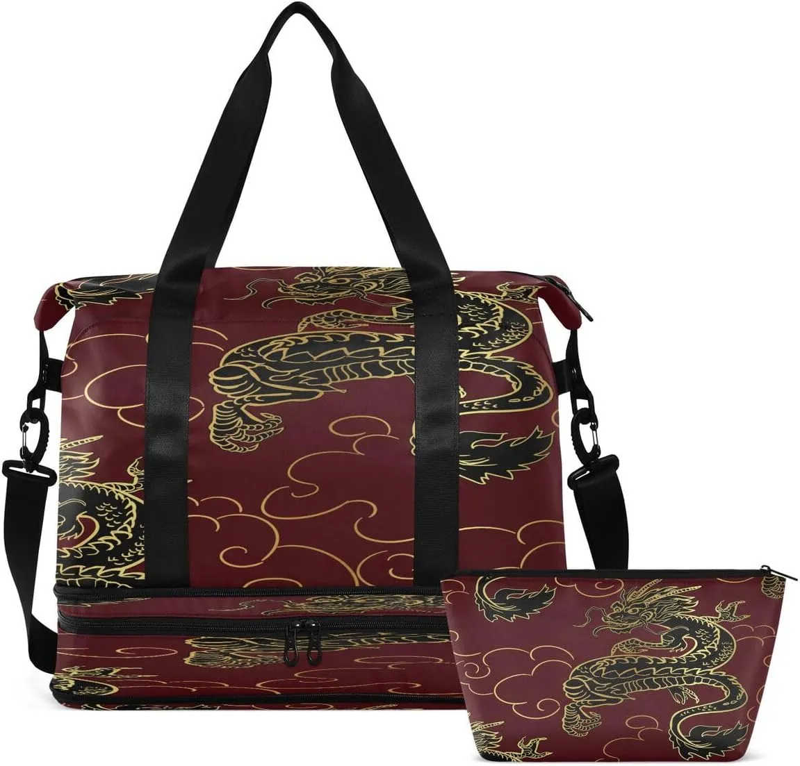 ALAZA Red Chinese Dragon Cloud Travel Duffel Bag with Shoe Compartment Tote Bag Weekender Overnight Bag with Wet Pocket for Travel,Gym,Yoga,Swimming