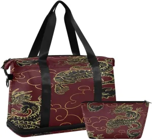 ALAZA Red Chinese Dragon Cloud Travel Duffel Bag with Shoe Compartment Tote Bag Weekender Overnight Bag with Wet Pocket for Travel,Gym,Yoga,Swimming