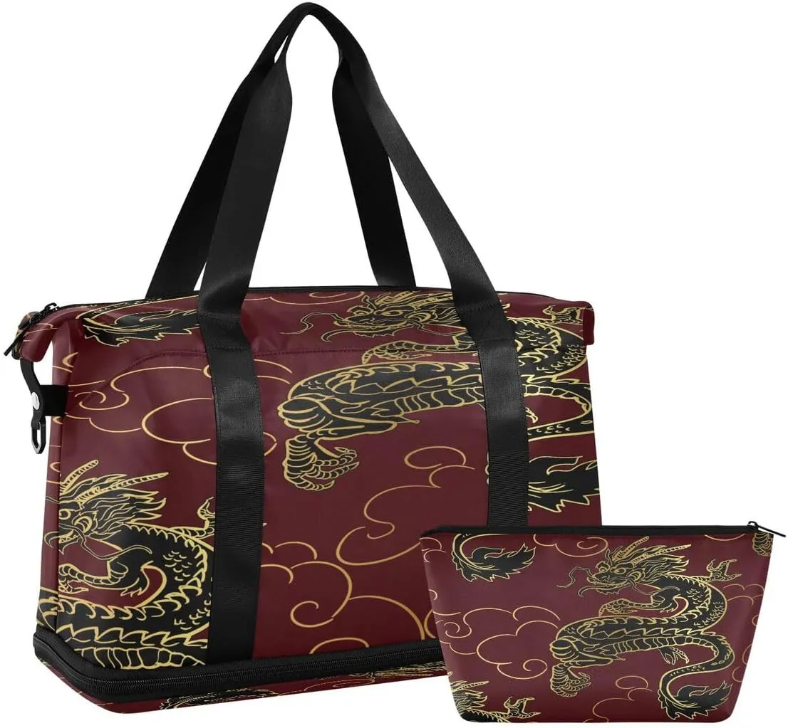 ALAZA Red Chinese Dragon Cloud Travel Duffel Bag with Shoe Compartment Tote Bag Weekender Overnight Bag with Wet Pocket for Travel,Gym,Yoga,Swimming