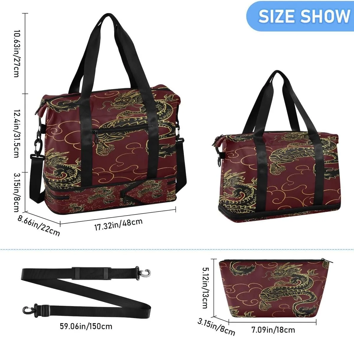 ALAZA Red Chinese Dragon Cloud Travel Duffel Bag with Shoe Compartment Tote Bag Weekender Overnight Bag with Wet Pocket for Travel,Gym,Yoga,Swimming